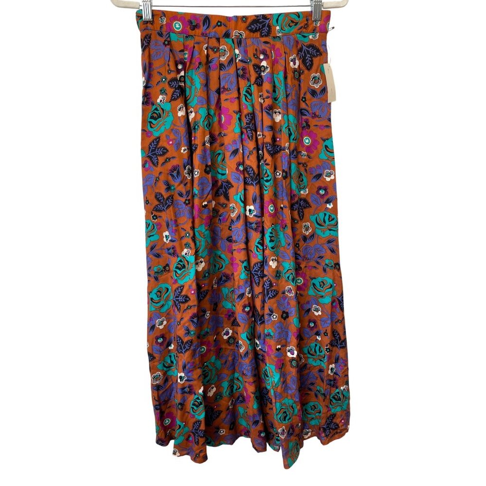 Vintage 90s Heirlooms Floral Pleated Maxi Skirt Size Large Rust Multi Deadstock